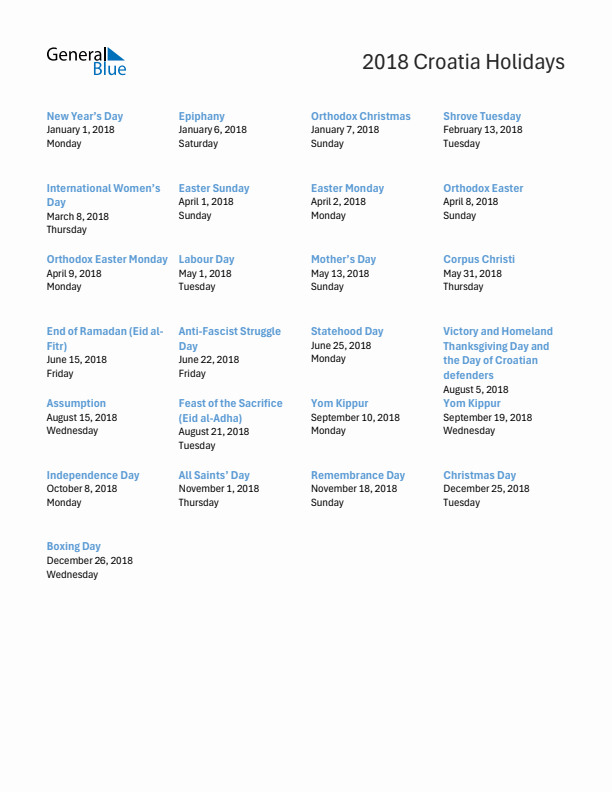 Free printable list of Croatia holidays for year 2018