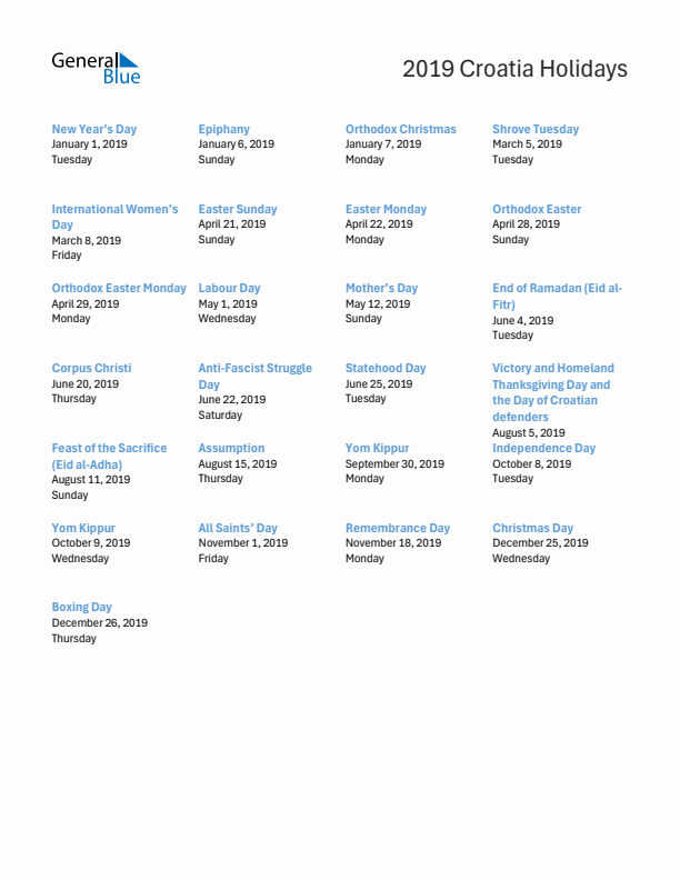 Free printable list of Croatia holidays for year 2019