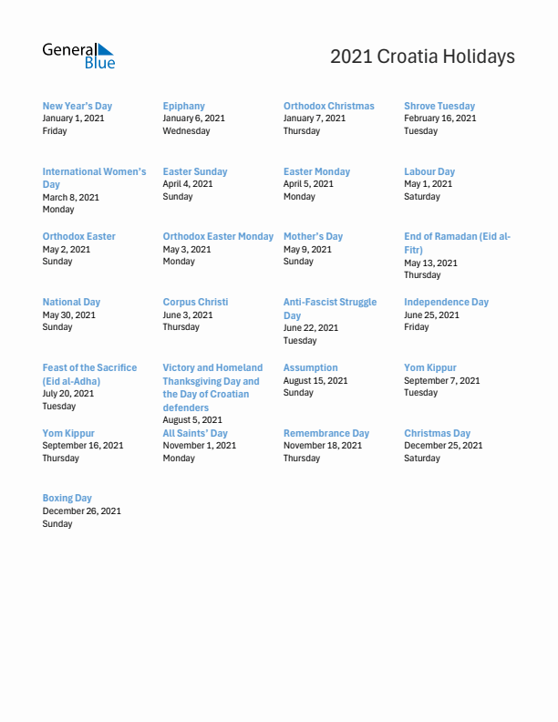 Free printable list of Croatia holidays for year 2021