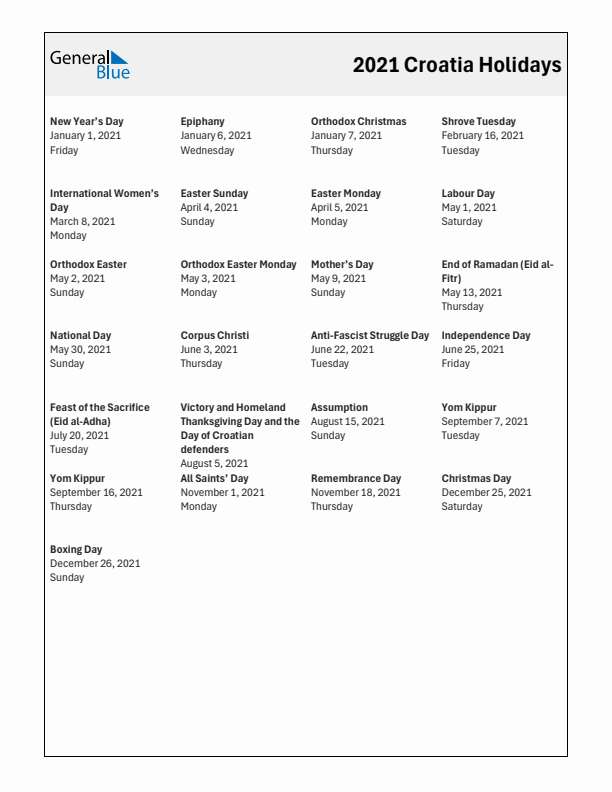 Free printable list of Croatia holidays for year 2021