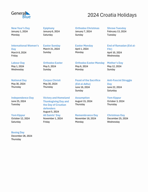 Free printable list of Croatia holidays for year 2024