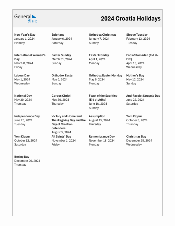 Free printable list of Croatia holidays for year 2024