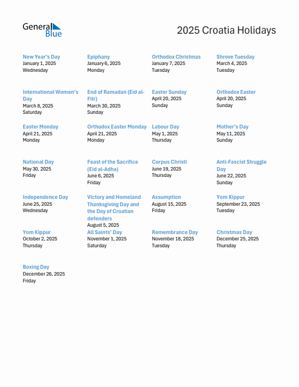 Free printable list of Croatia holidays for year 2025