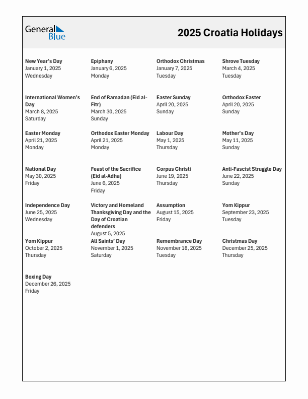 Free printable list of Croatia holidays for year 2025