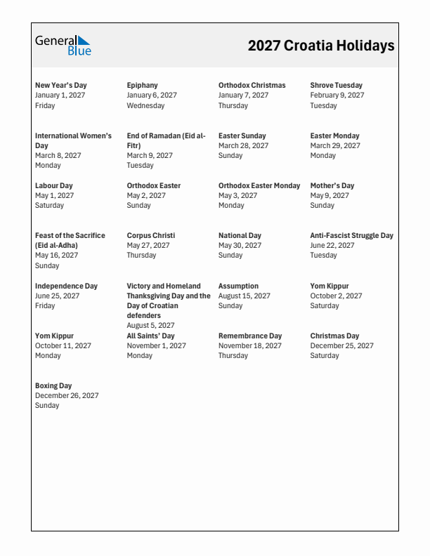 Free printable list of Croatia holidays for year 2027