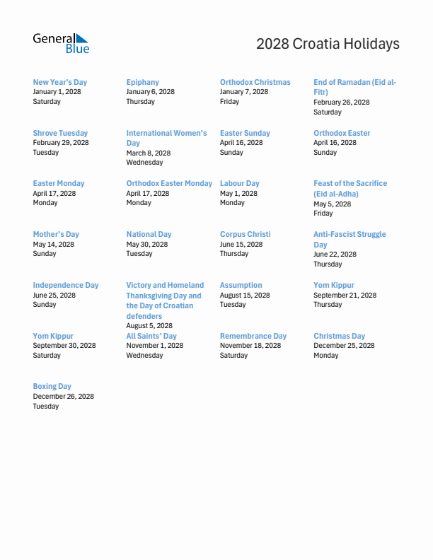 Free printable list of Croatia holidays for year 2028