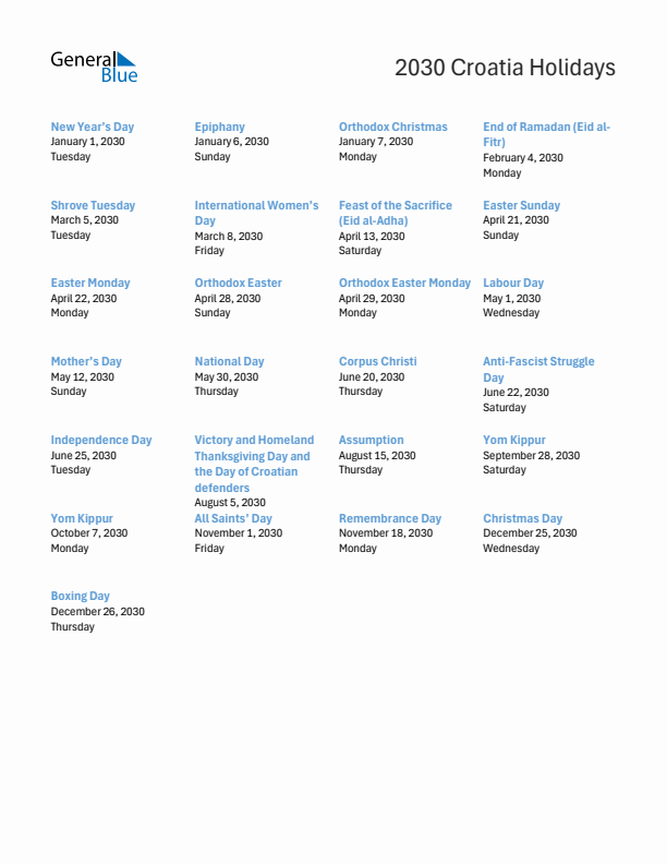 Free printable list of Croatia holidays for year 2030