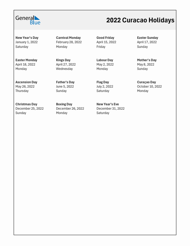 Free printable list of Curacao holidays for year 2022