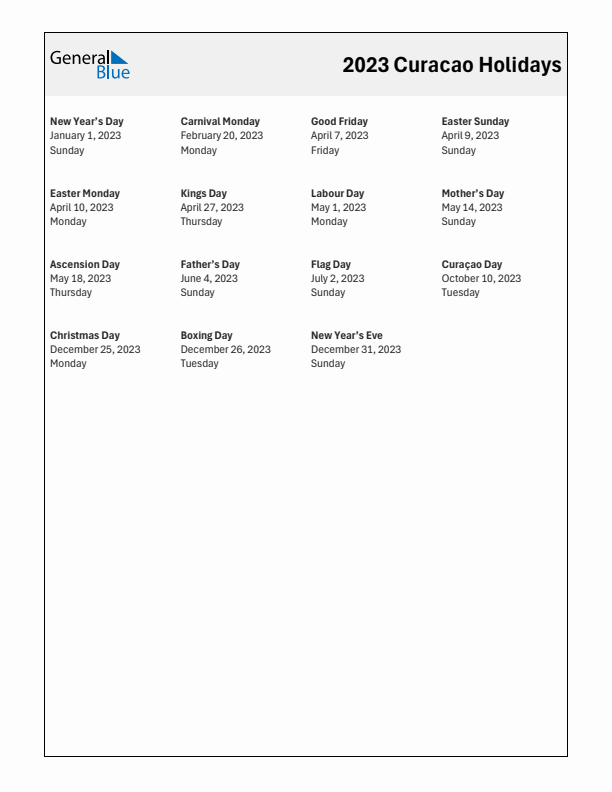 Free printable list of Curacao holidays for year 2023
