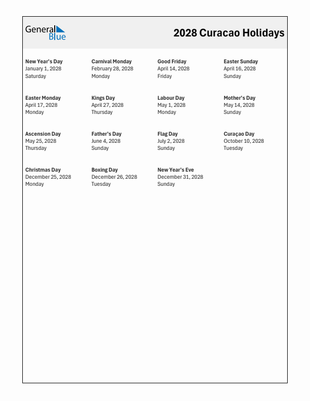 Free printable list of Curacao holidays for year 2028