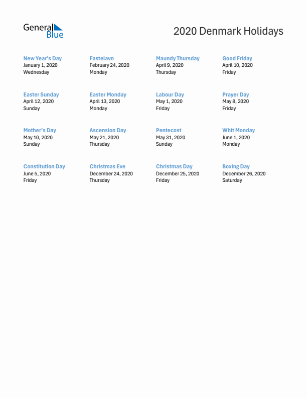 Free printable list of Denmark holidays for year 2020