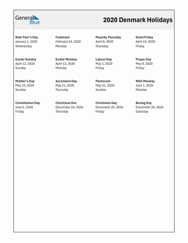 Free printable list of Denmark holidays for year 2020