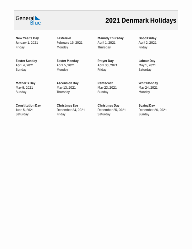 Free printable list of Denmark holidays for year 2021