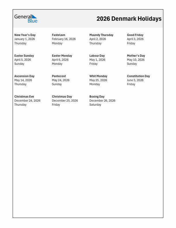 Free printable list of Denmark holidays for year 2026