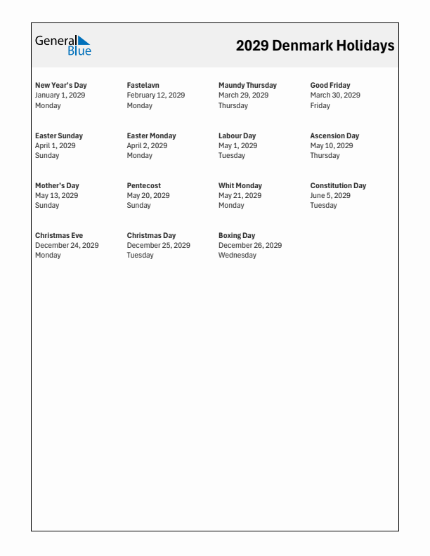 Free printable list of Denmark holidays for year 2029