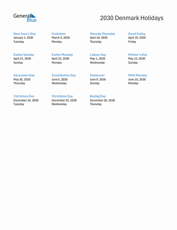 Free printable list of Denmark holidays for year 2030