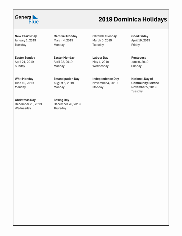 Free printable list of Dominica holidays for year 2019