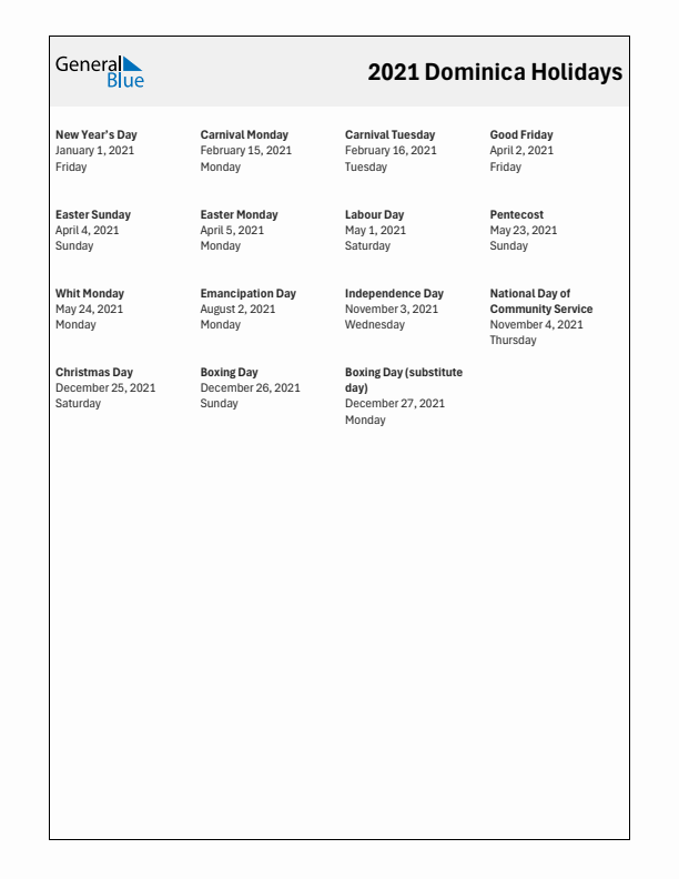 Free printable list of Dominica holidays for year 2021