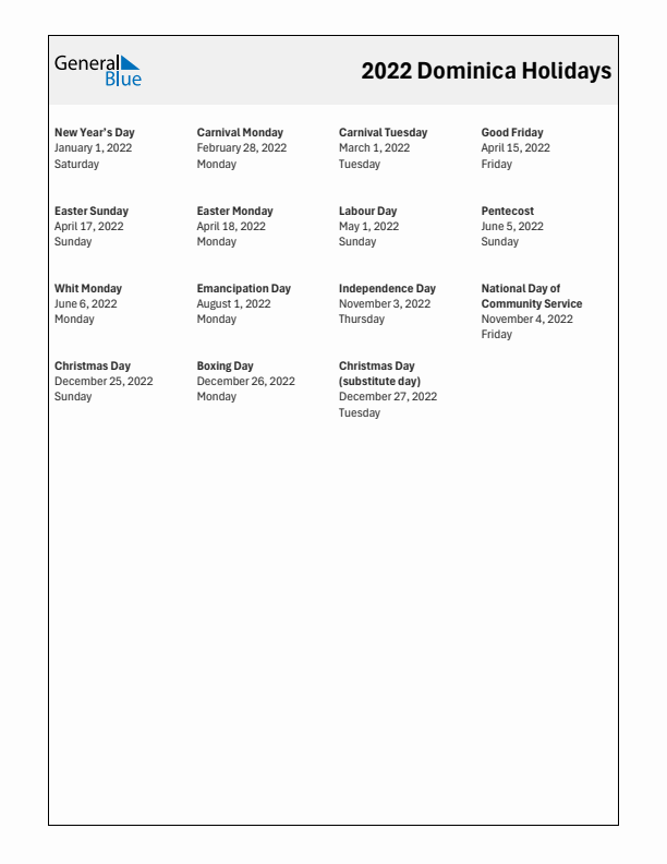 Free printable list of Dominica holidays for year 2022