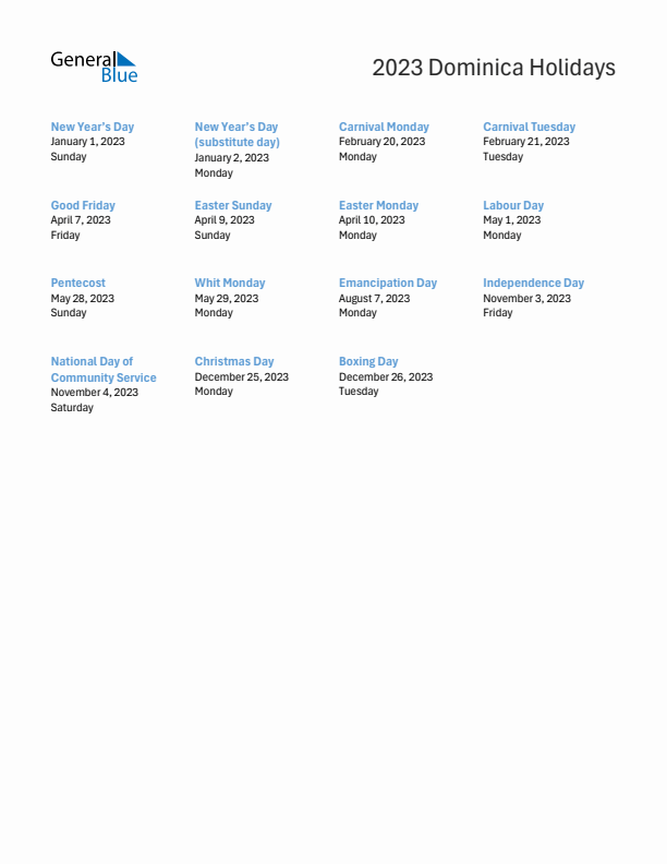 Free printable list of Dominica holidays for year 2023