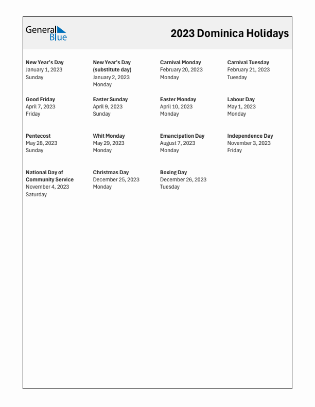 Free printable list of Dominica holidays for year 2023