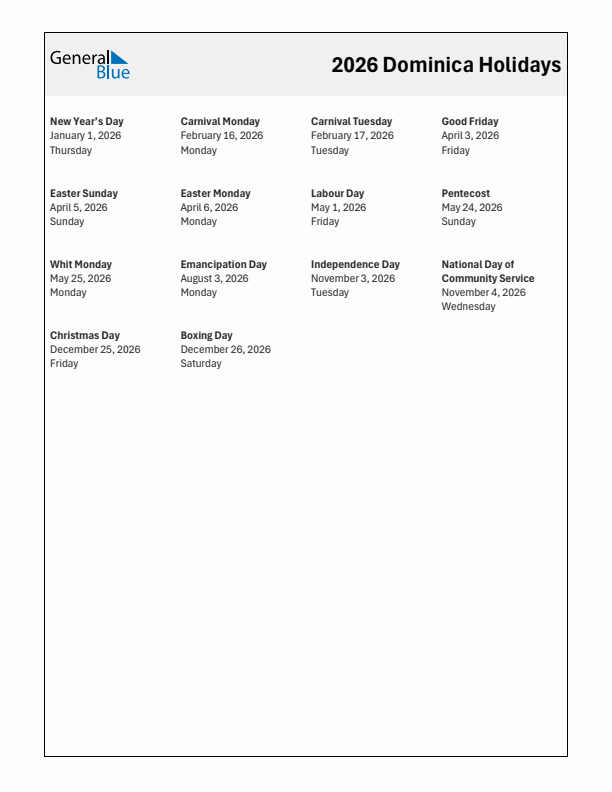 Free printable list of Dominica holidays for year 2026