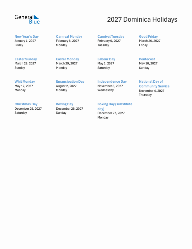 Free printable list of Dominica holidays for year 2027