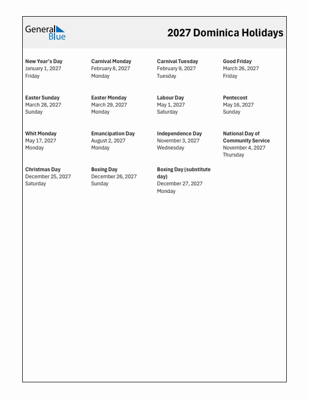 Free printable list of Dominica holidays for year 2027