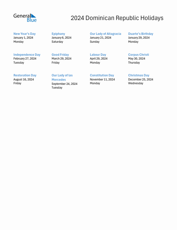 Free printable list of Dominican Republic holidays for year 2024