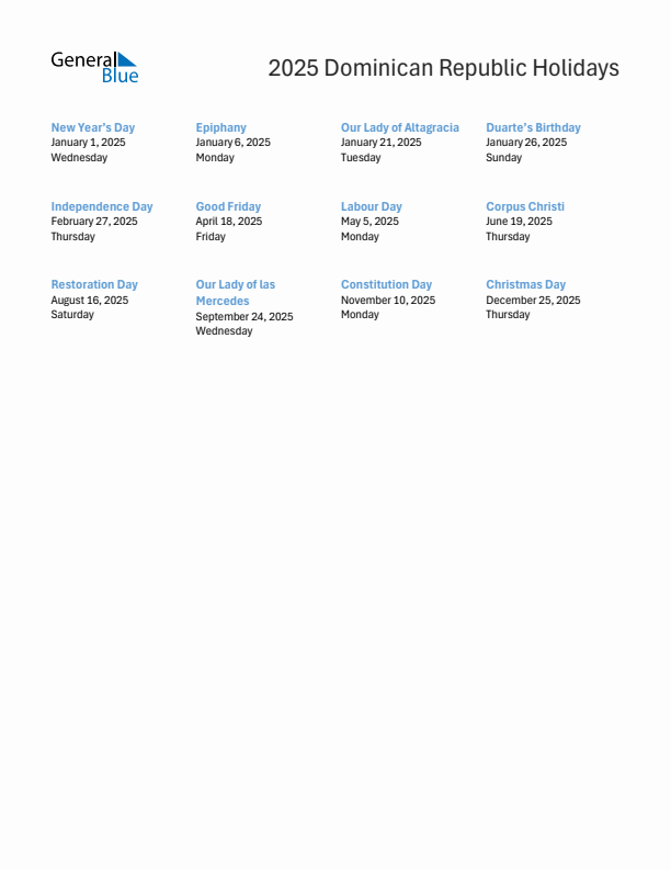 Free printable list of Dominican Republic holidays for year 2025