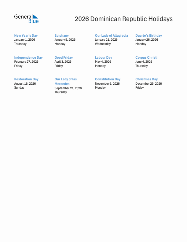 Free printable list of Dominican Republic holidays for year 2026