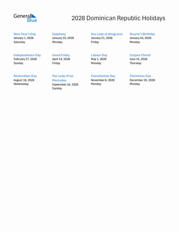 Free printable list of Dominican Republic holidays for year 2028