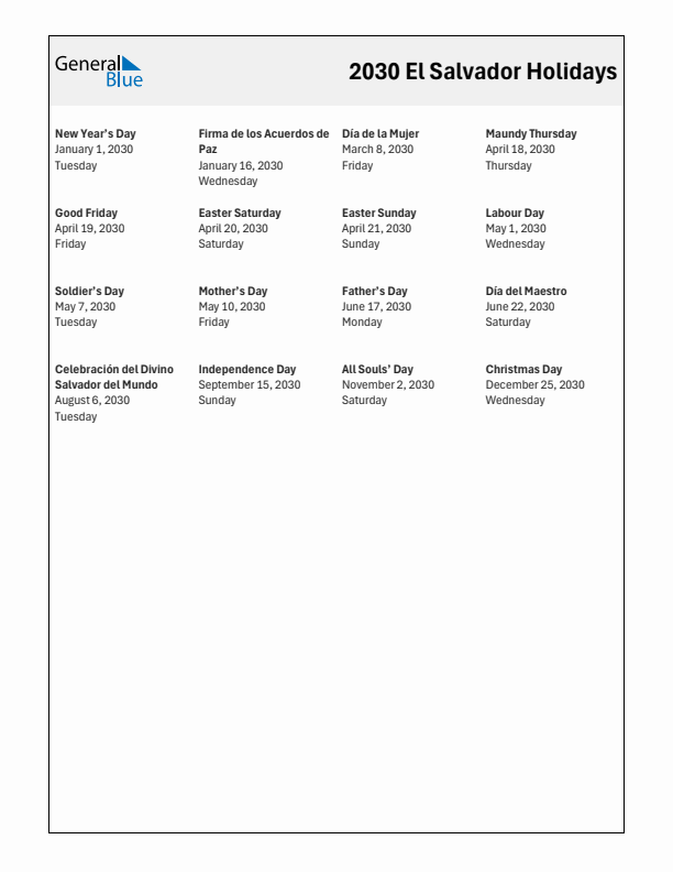 Free printable list of El Salvador holidays for year 2030