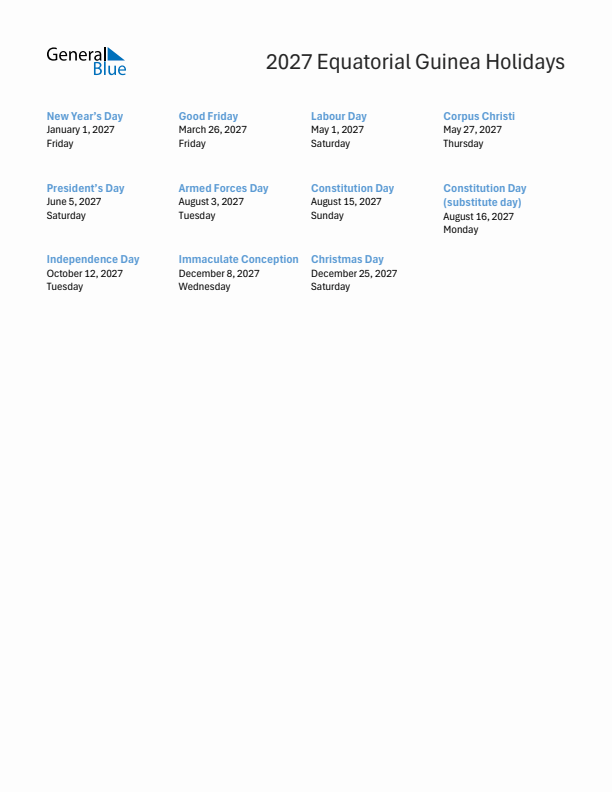 Free printable list of Equatorial Guinea holidays for year 2027