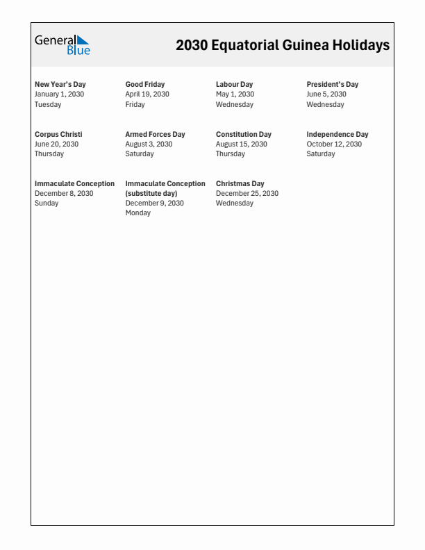 Free printable list of Equatorial Guinea holidays for year 2030