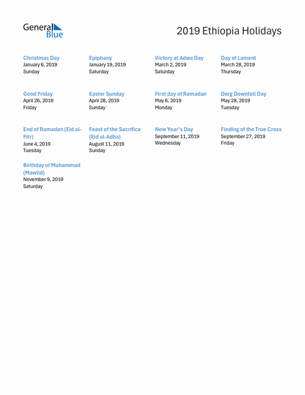 Free printable list of Ethiopia holidays for year 2019