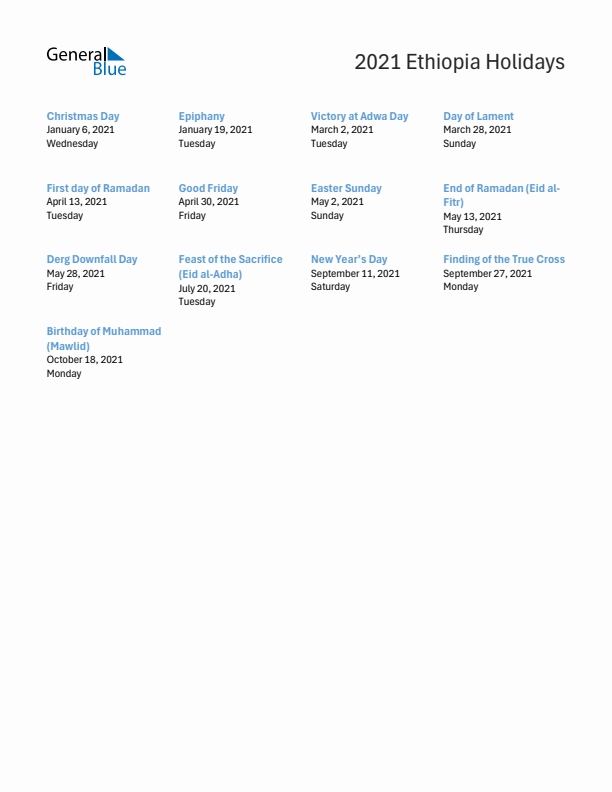 Free printable list of Ethiopia holidays for year 2021