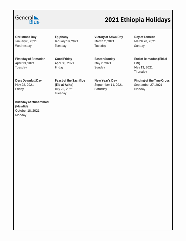 Free printable list of Ethiopia holidays for year 2021