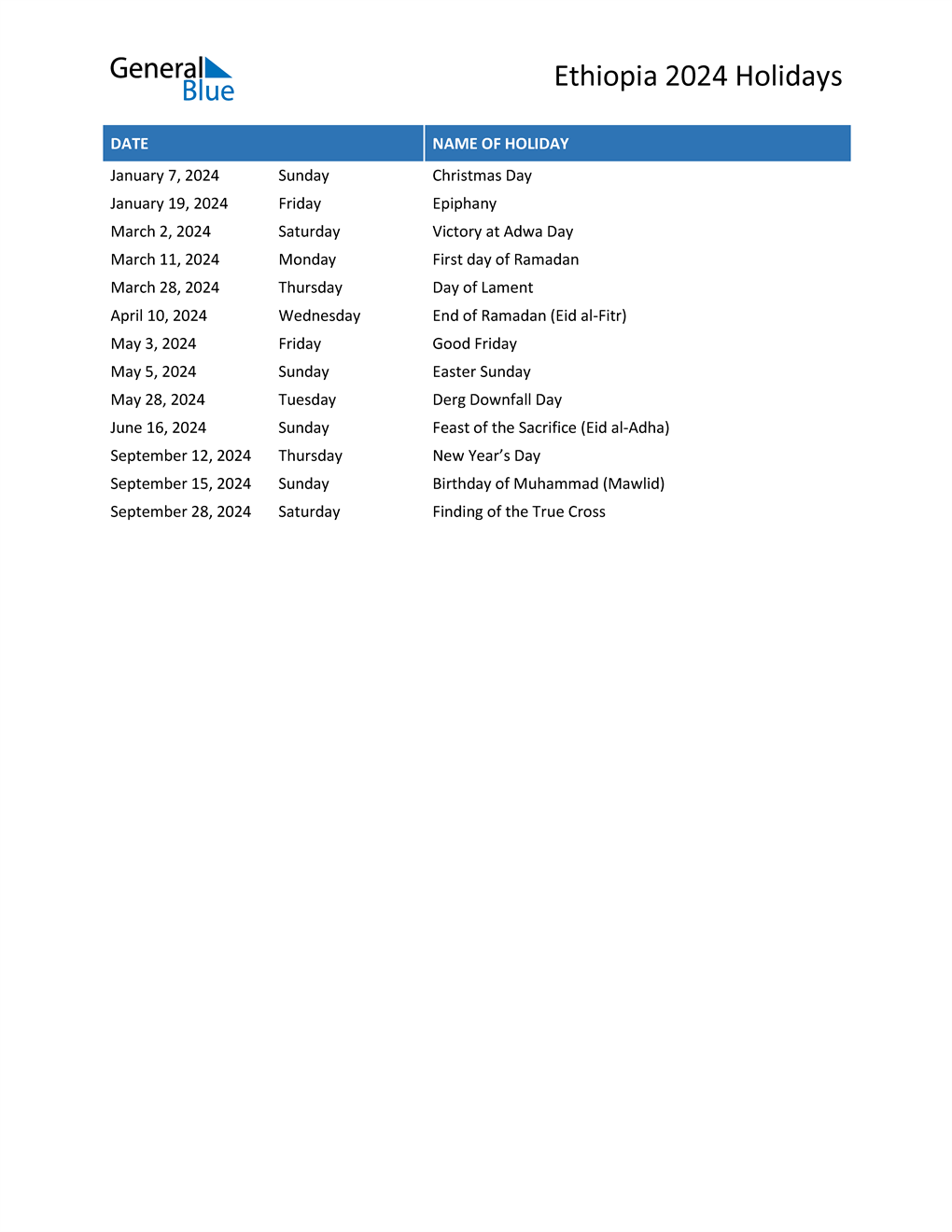 Ethiopia Holidays 2024 in PDF, Word and Excel