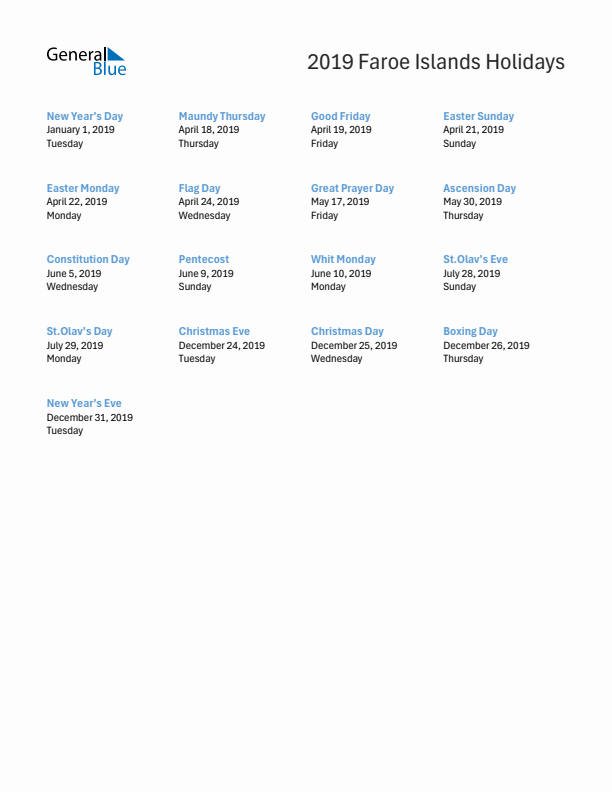 Free printable list of Faroe Islands holidays for year 2019