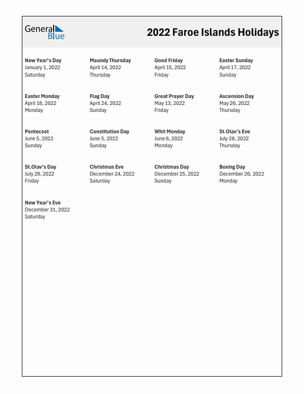 Free printable list of Faroe Islands holidays for year 2022