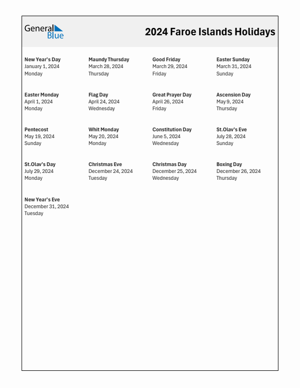 Free printable list of Faroe Islands holidays for year 2024