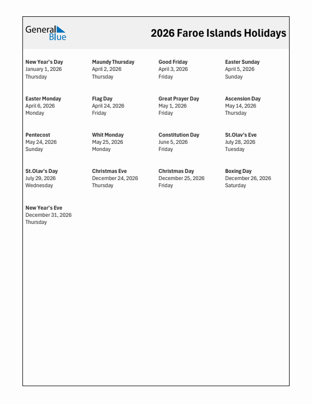 Free printable list of Faroe Islands holidays for year 2026