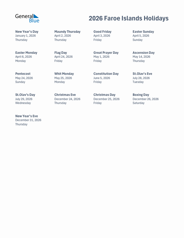 Free printable list of Faroe Islands holidays for year 2026