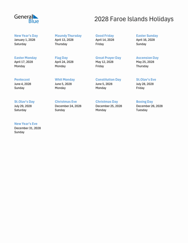 Free printable list of Faroe Islands holidays for year 2028