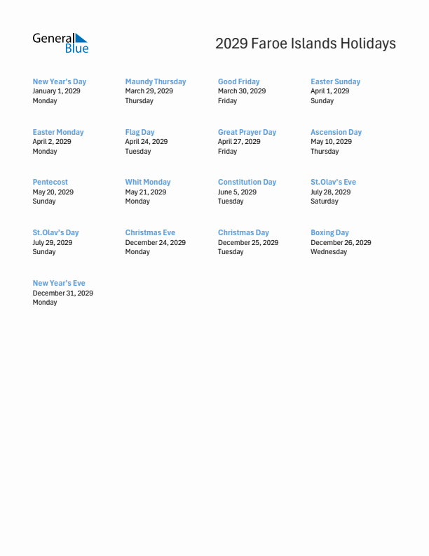 Free printable list of Faroe Islands holidays for year 2029