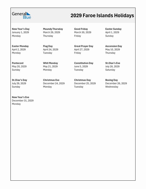 Free printable list of Faroe Islands holidays for year 2029