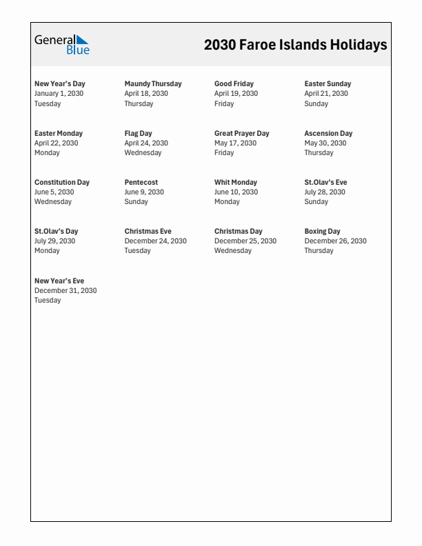 Free printable list of Faroe Islands holidays for year 2030