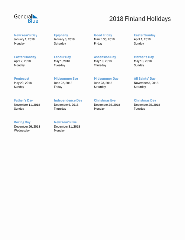 Free printable list of Finland holidays for year 2018