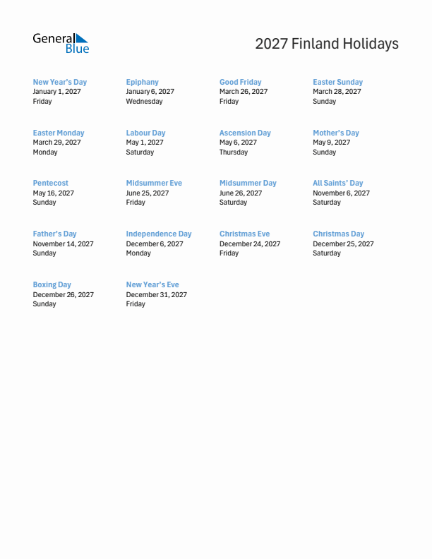 Free printable list of Finland holidays for year 2027